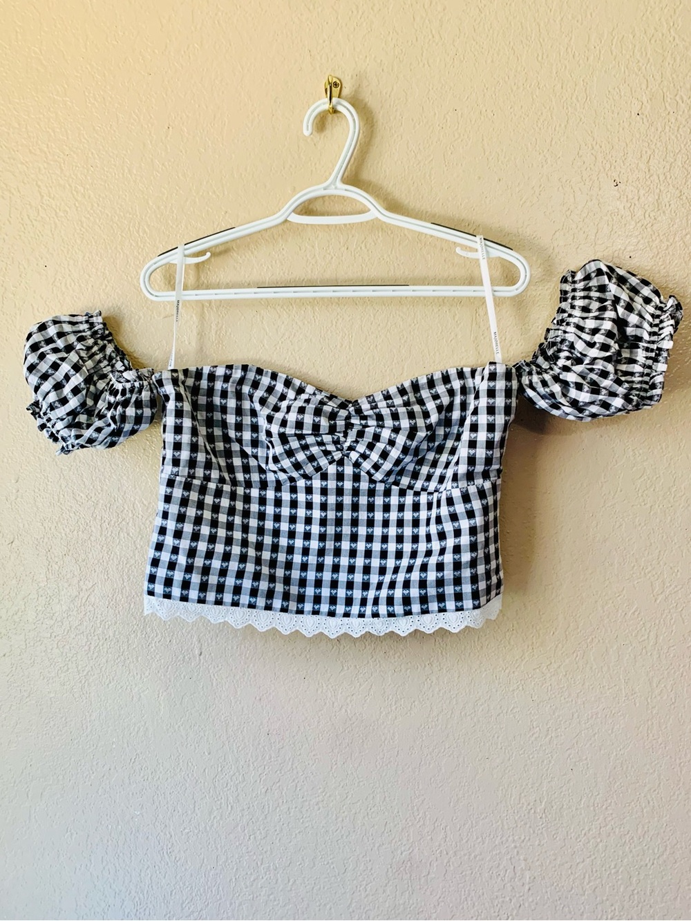 MAJORELLE Reece Heart Print Gingham Off The Shoulder Cottagecore Crop Top Size L - Picture 3 of 5